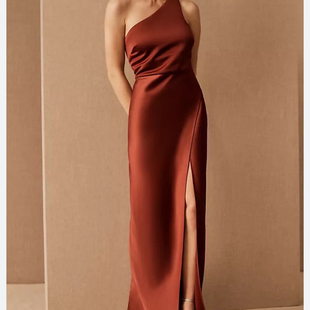 Anthropologie BHLDN Dylan One-Shoulder Satin Side-Slit Gown Cinnamon Medium